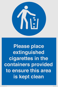 Please place extinguished cigarettes in the containers provided to ensure this area is kept clean